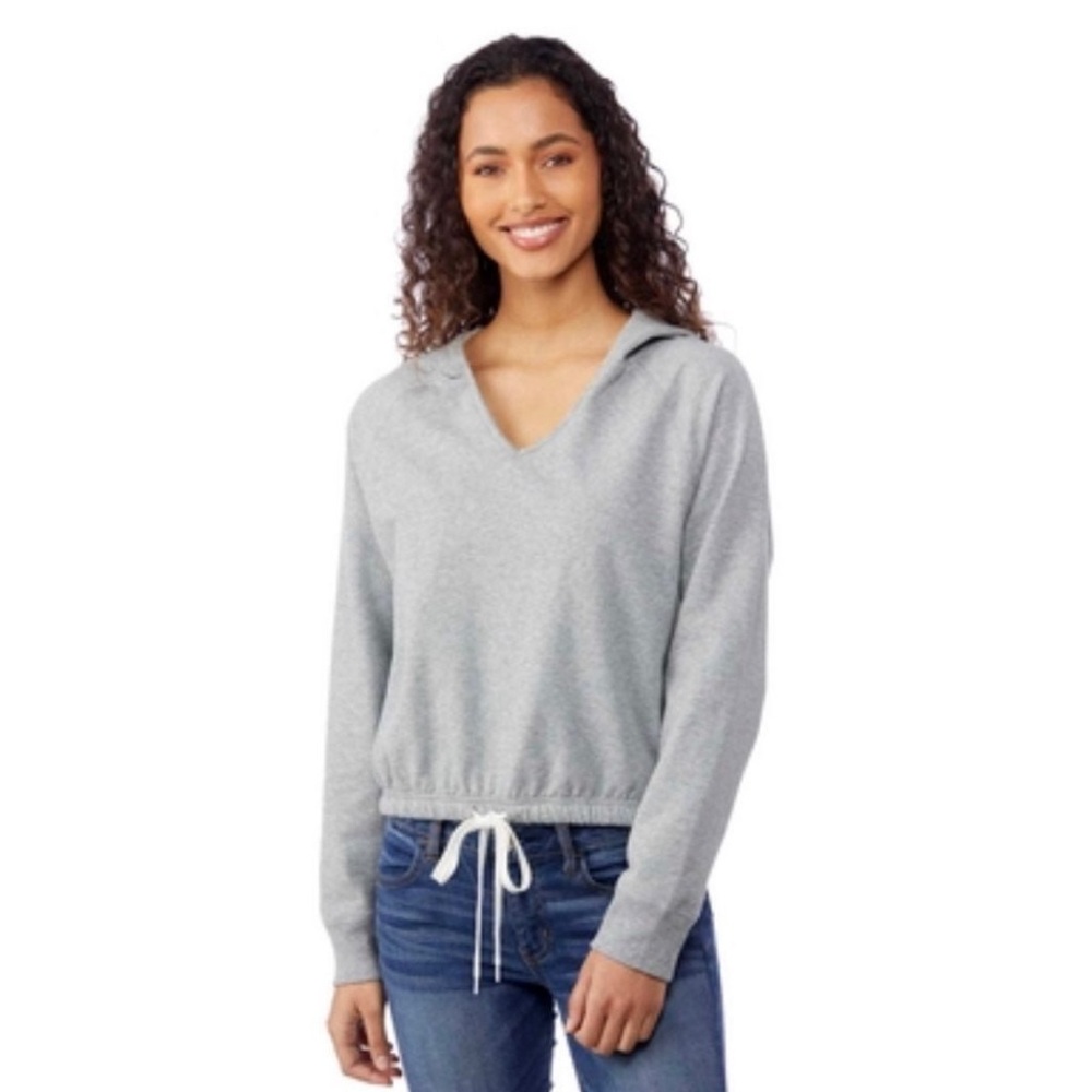 💞 New Women’s Juniors Small Grey Inspired Hearts Tie Hem Hoodie Sweatshirt